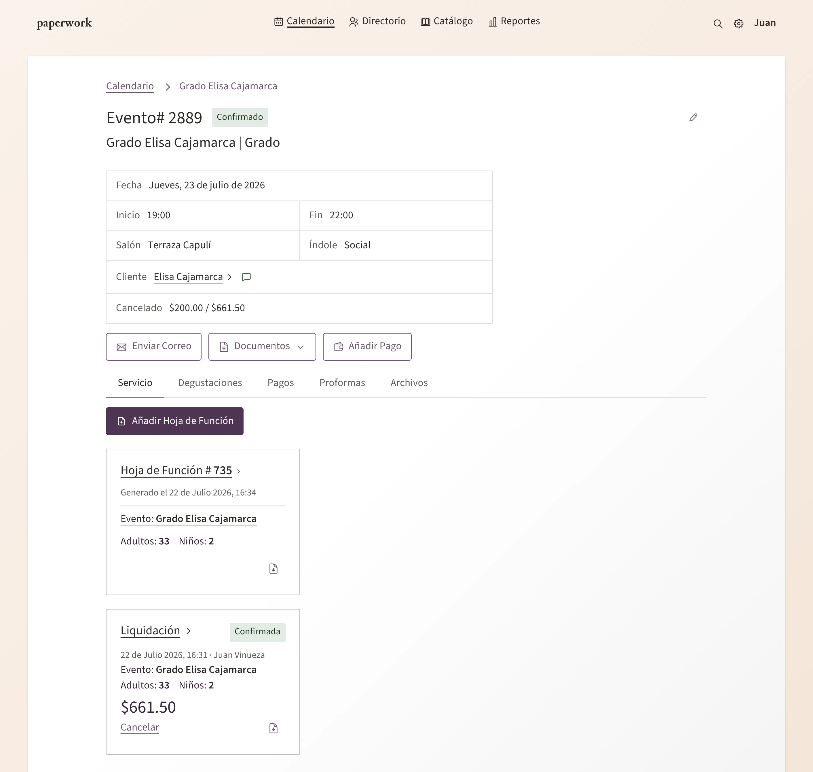 Pantalla de Paperwork: un evento confirmado con su fecha, salón, cliente, saldo, hojas de función, liquidación y los botones de enviar correo, descargar contrato y añadir pago.