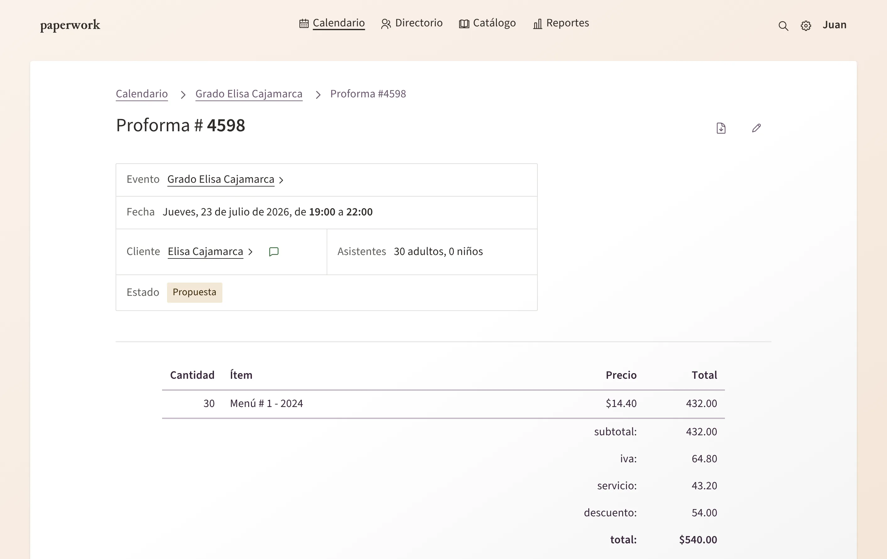 Pantalla de Paperwork: una proforma con sus líneas, cantidades, precios, IVA, servicio y total.