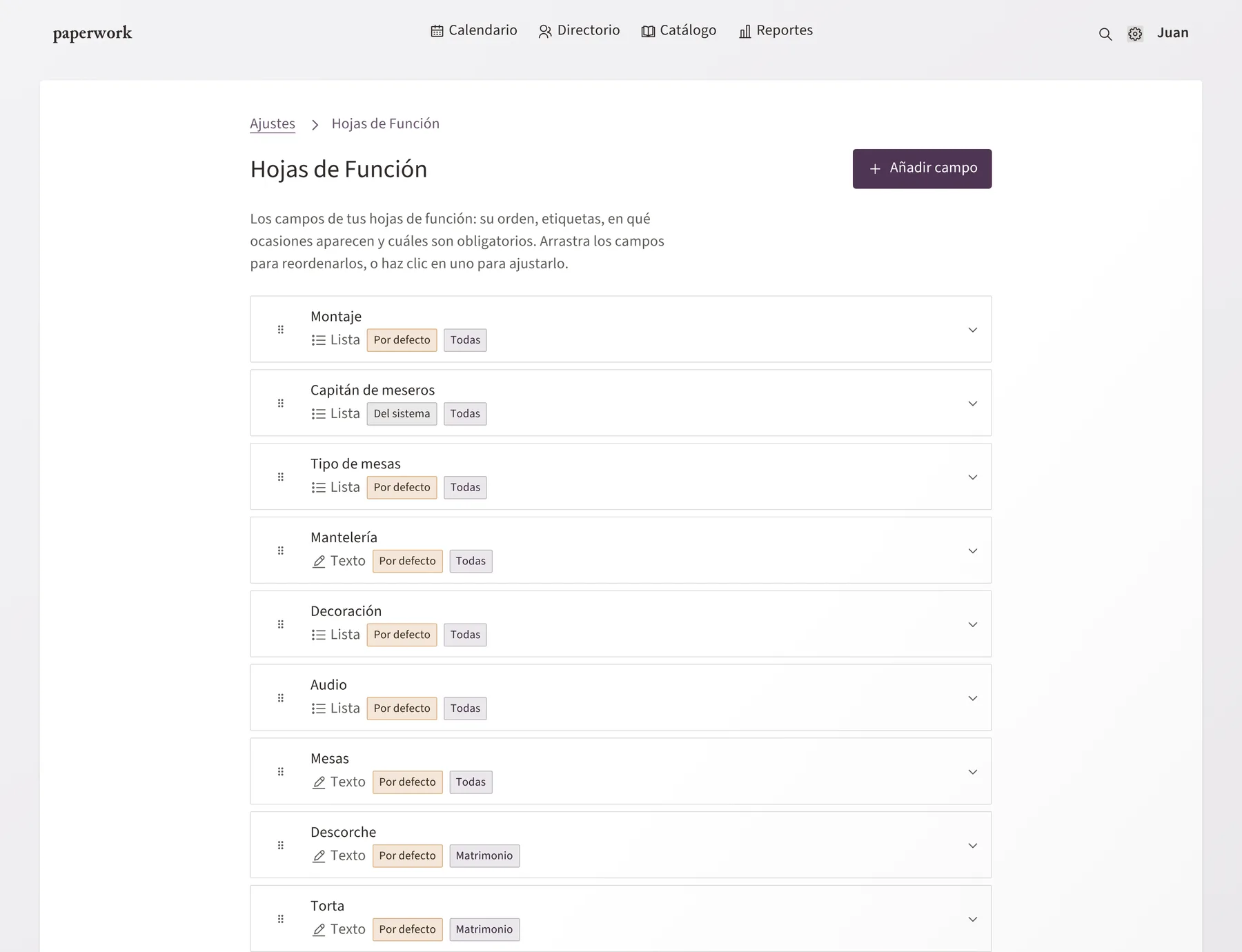 Pantalla de Paperwork: la configuración de las Hojas de Función, con sus campos reordenables y en qué ocasiones aparece cada uno.