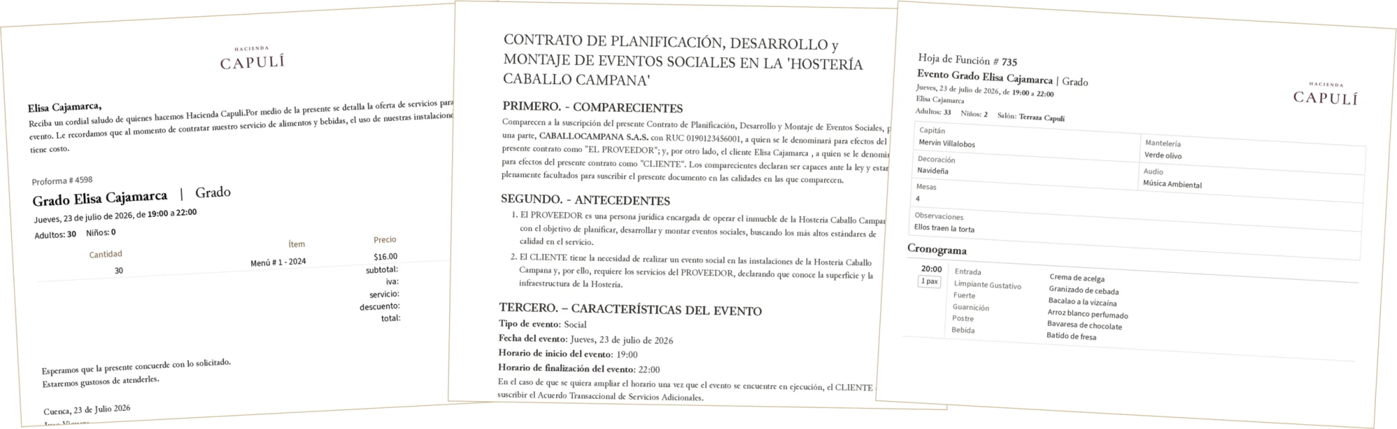 Los tres documentos del evento, uno junto a otro: la proforma N.º 4598, el contrato de montaje y la hoja de función N.º 735.